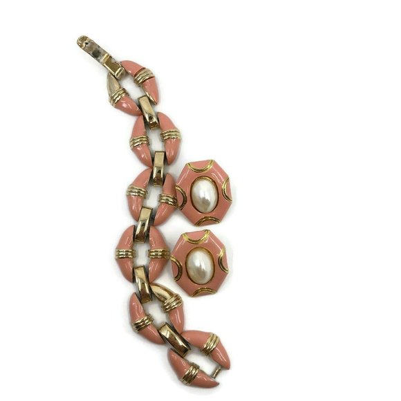 Donald Stannard Bracelet and Earring Set Gold with Coral Enamel and Faux Pearl, - Picture 8 of 10